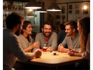 Grupo de amigos riendo y disfrutando un juego de mesa