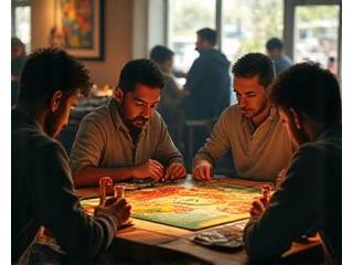 Jugadores concentrados en torneo de Catan dentro de la tienda